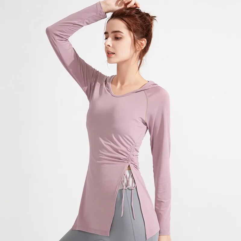 Women Fashion Solid Color Long Sleeve Drawstring Split Sports Yoga Top