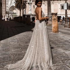 Glittering Women Sexy V Neck Backless Swing Maxi Dress