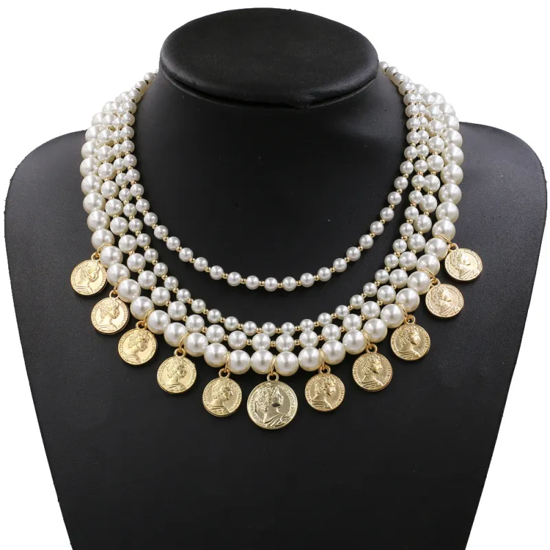 Women Fashion Exaggerated Bohemian Multilayer Pearl Gold Coin Necklace