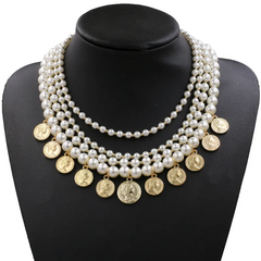 Women Fashion Exaggerated Bohemian Multilayer Pearl Gold Coin Necklace