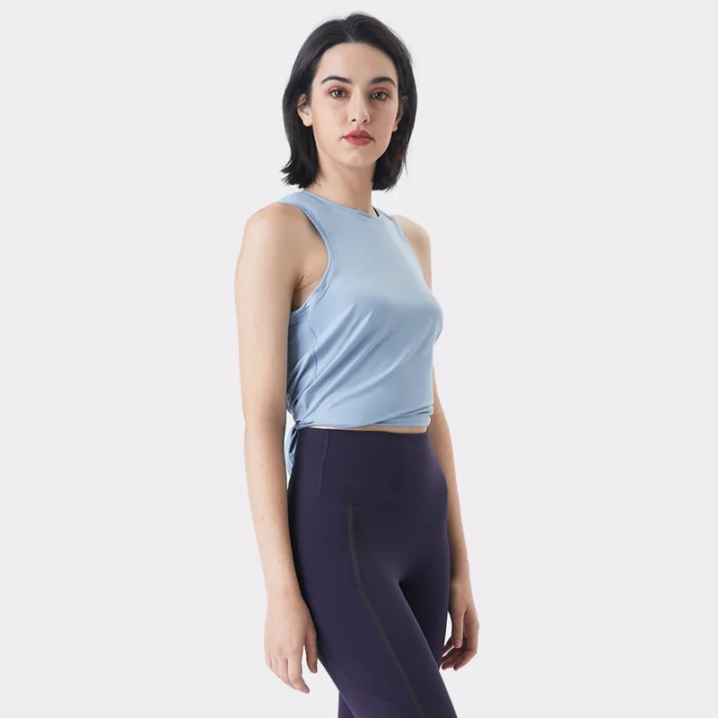 Women Casual Loose Solid Color Round Neck Sleeveless Back Split Sports Tank Top