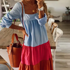 Women Casual Color Blocking Patchwork Long Sleeve Dress