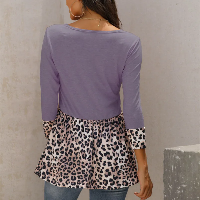 Women Fashion Leopard Print Patchwork Long Sleeve Top