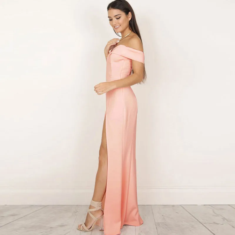 Women Fashion Solid Color Cool-Shoulder Side-Slit Maxi Party Dress