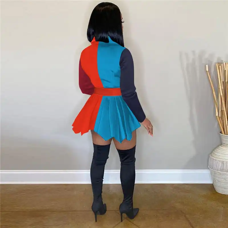 Women Fashion Color Blocking Lapel Buttoned Dress