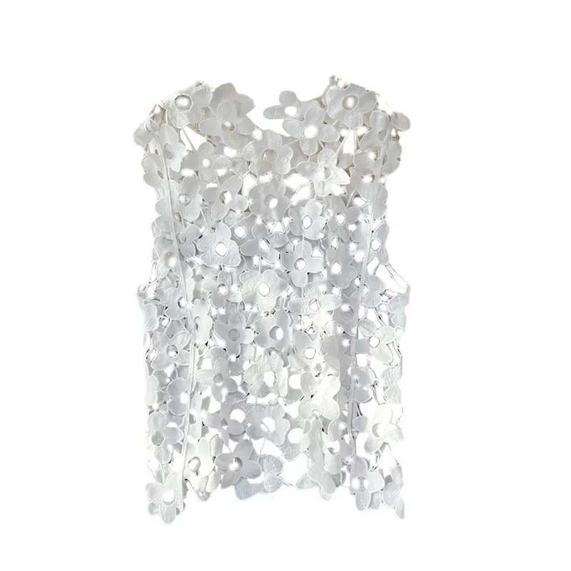 Fashion Women Simple Loose Fashion Hollow Out Lace Sleeveless Blouse