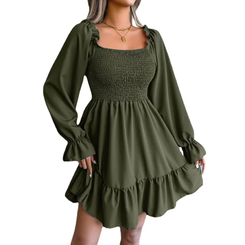 Women Fashion Square Neck Flared Long Sleeve Ruffle Swing Dress