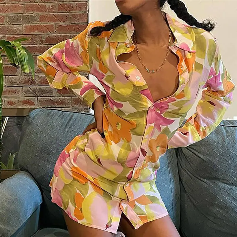 Women Fashion Flower Printed Long Sleeve Dress
