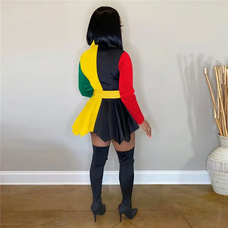 Women Fashion Color Blocking Lapel Buttoned Dress