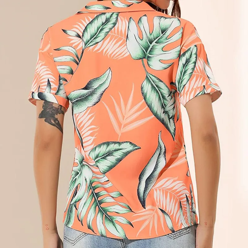 Summer Women Fashion Leaves Printing Short Sleeve Tropical Beach Button Down Cropped Blouse