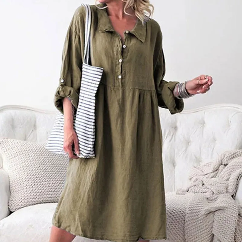 Women Lapel Single-Breasted Long-Sleeve Loose Dress