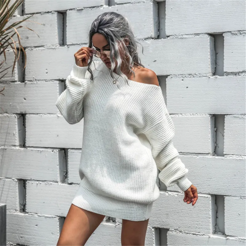 Winter Women Casual Solid Color Long Sleeve Knitted Mini Dress