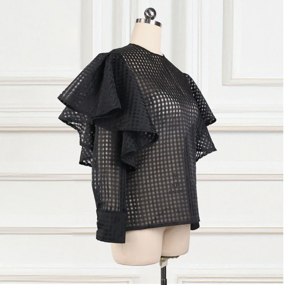 Women Solid Color Ruffled See-Through Blouse