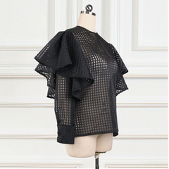 Women Solid Color Ruffled See-Through Blouse