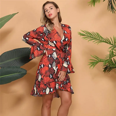 Women Fashion Snakeskin Print Ruffled Dress