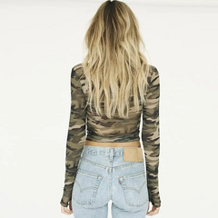 Women Sexy Camouflage Printed See-Through Blouse