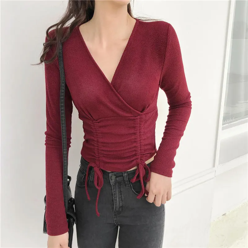Women Fashion Solid Color V Neck Crease Top