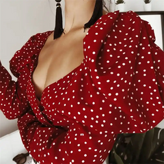 Women Fashion V Neck Wrapped Polka Dot Puff Sleeve Blouse