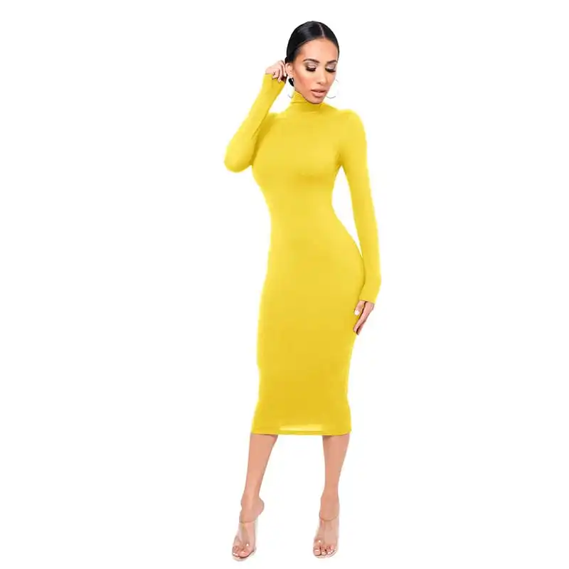Women Fashion Solid Color Turtle Neck Long Sleeve Dress