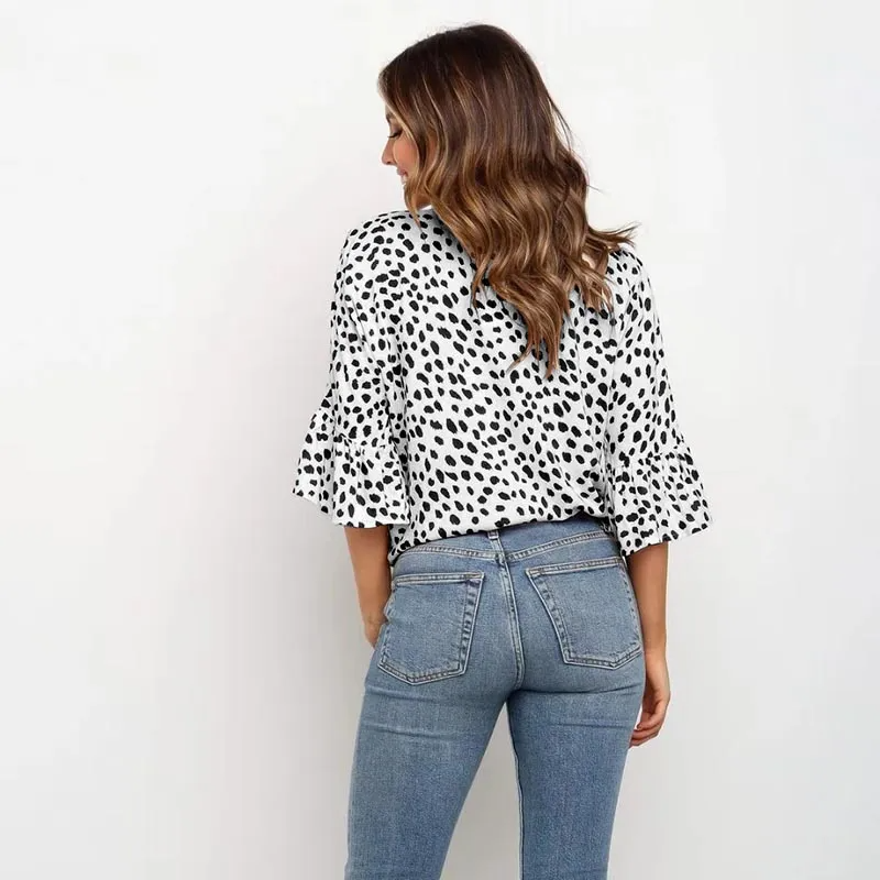 Women V Neck Lace-Up Printed Blouse
