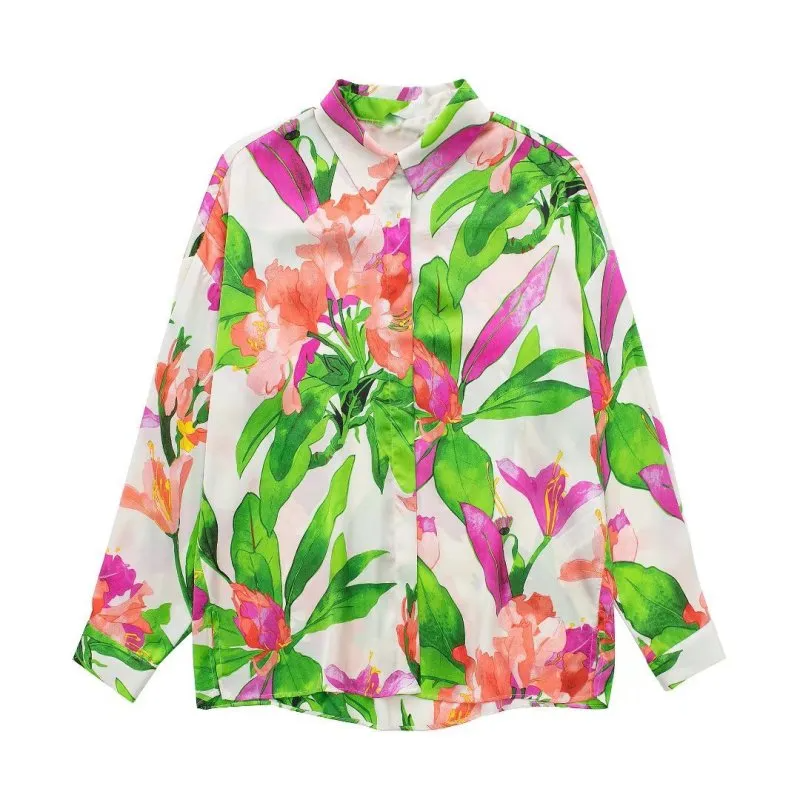 Summer Women Long Sleeve Green Floral Print Vacation Blouse