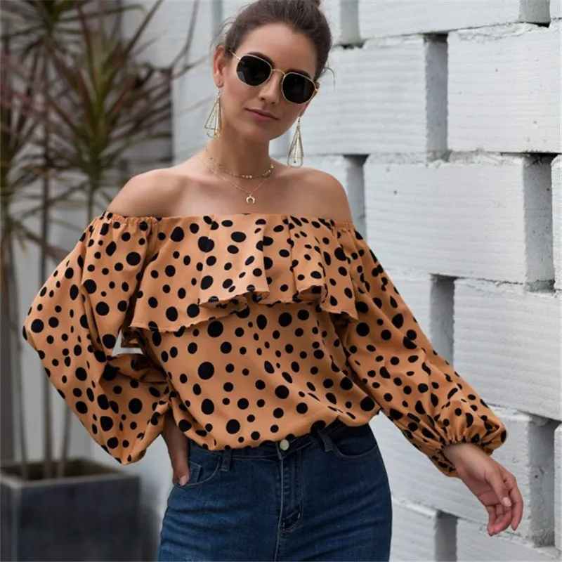 Women Fashion Polka Dot Printed Off-The-Shoulder Puff Sleeve Ruffle Blouse