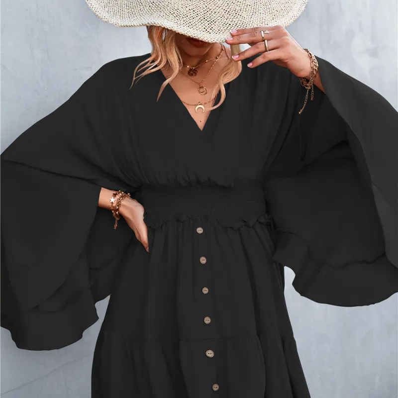 Women Basic Elegant V Neck Summer Irregular Backless Solid Color Loose Dress
