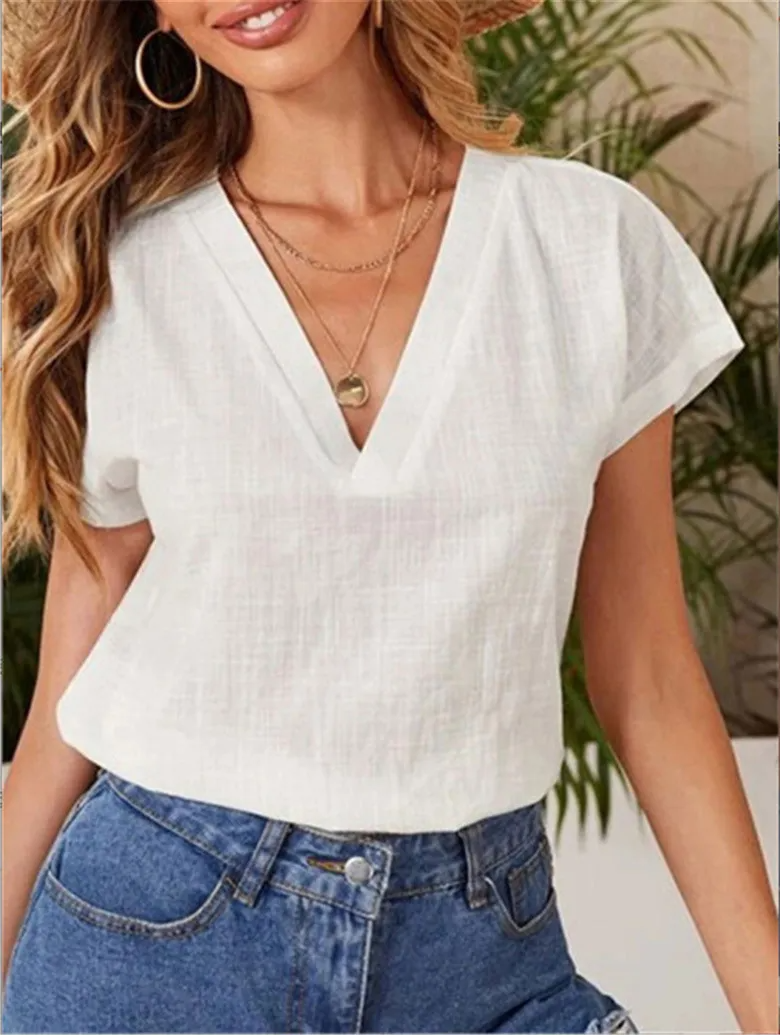 Women Casual Summer Solid Color Loose Short-Sleeved V Neck Short-Sleeved Blouse