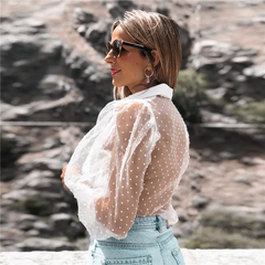 Women Fashion Dotted Mesh Lantern Sleeve Blouses