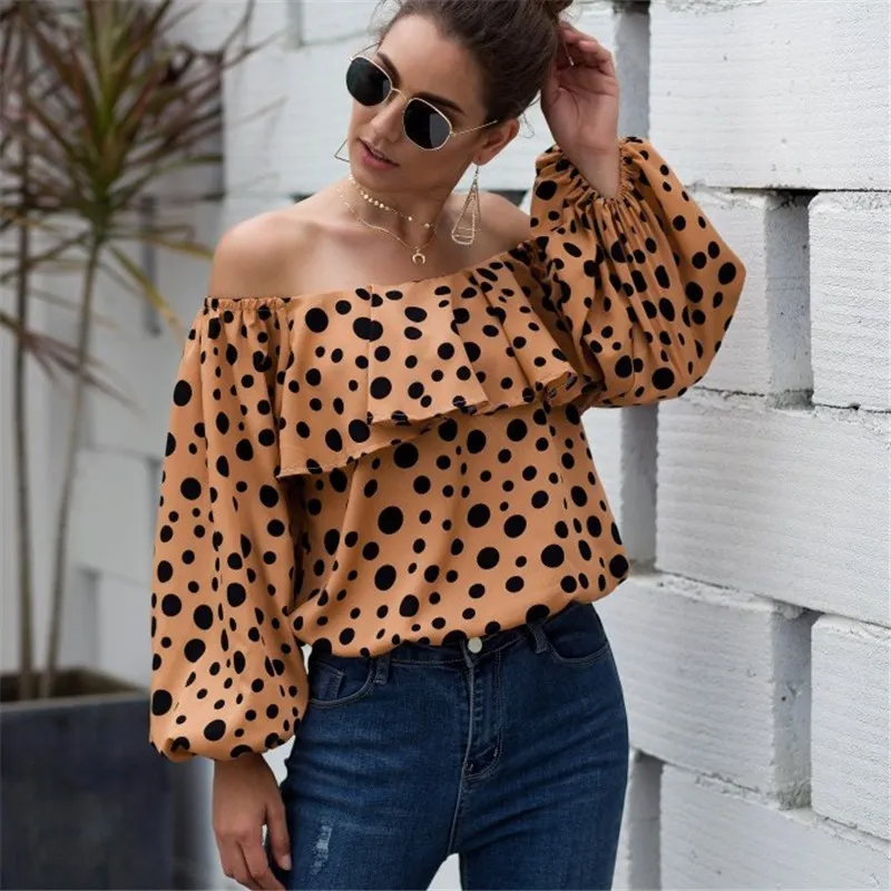 Women Fashion Polka Dot Printed Off-The-Shoulder Puff Sleeve Ruffle Blouse