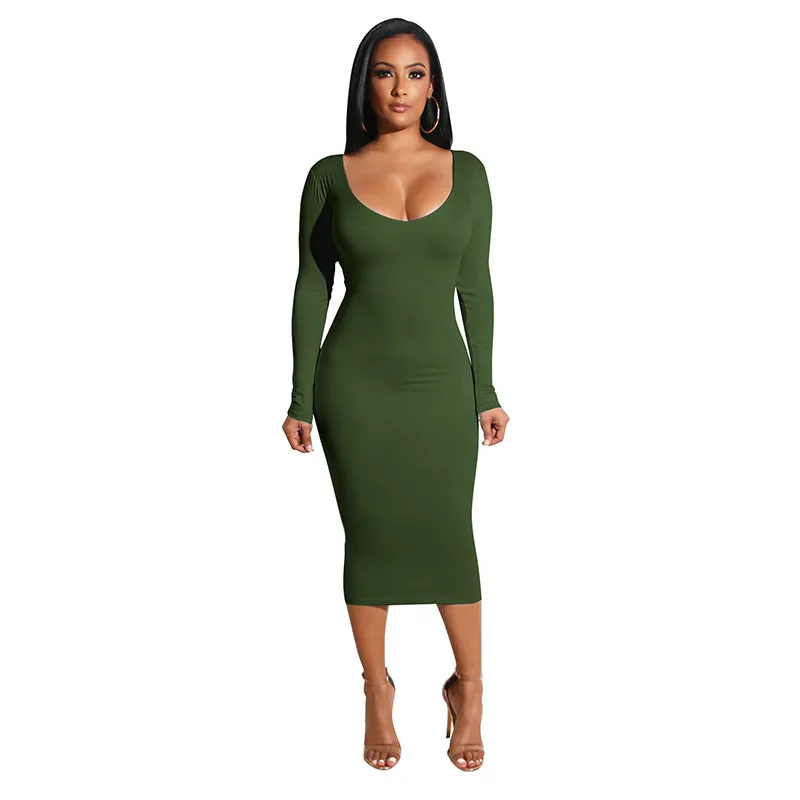 Sexy Scoop Neck Long-Sleeve Hollow Solid Color Bodycon Dress
