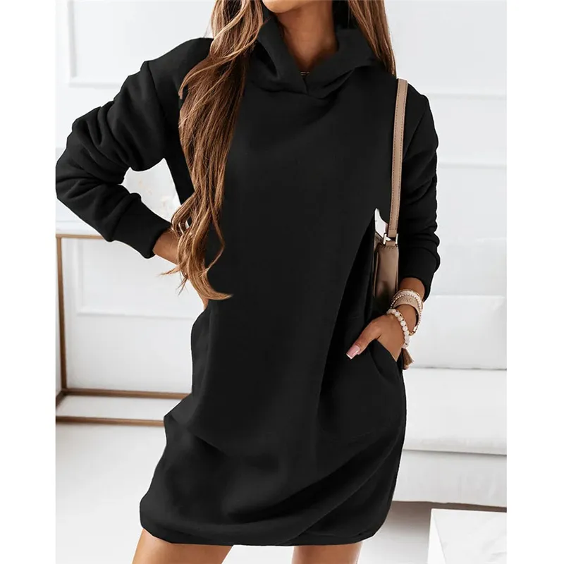 Winter Women Casual Hooded Long-Sleeved Solid Color Dress