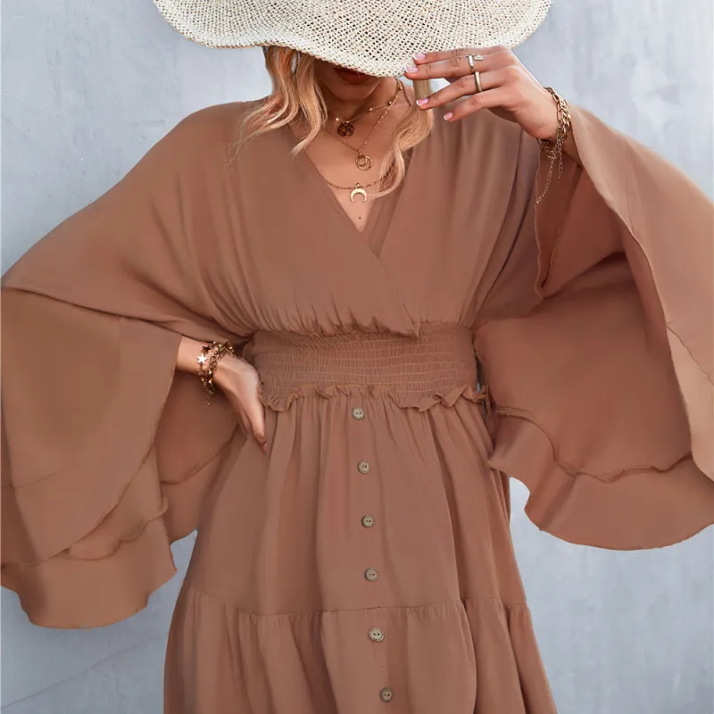 Women Basic Elegant V Neck Summer Irregular Backless Solid Color Loose Dress