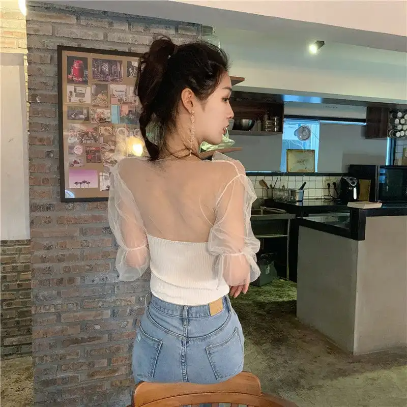 Women Fashion Mesh See Through Patchwork Rib-Knit Top