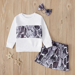 Girls Long-Sleeves Snakeskin Grain Sweatshirt And Skirt With Headband