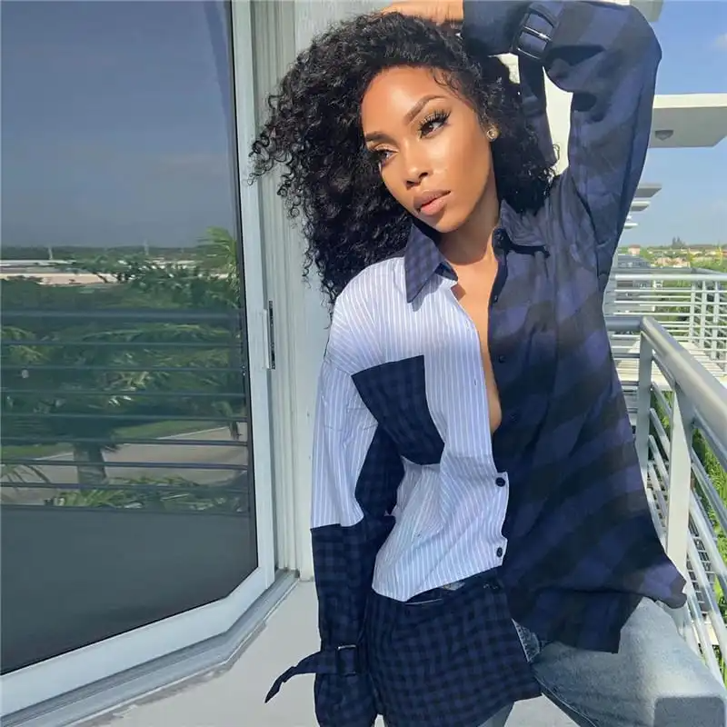 Women Lapel Color Blocking Patchwork Plaid Blouse