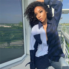 Women Lapel Color Blocking Patchwork Plaid Blouse