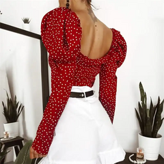 Women Fashion V Neck Wrapped Polka Dot Puff Sleeve Blouse