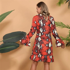 Women Fashion Snakeskin Print Ruffled Dress
