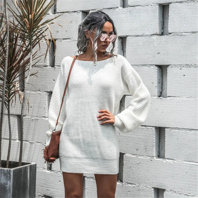 Winter Women Casual Solid Color Long Sleeve Knitted Mini Dress