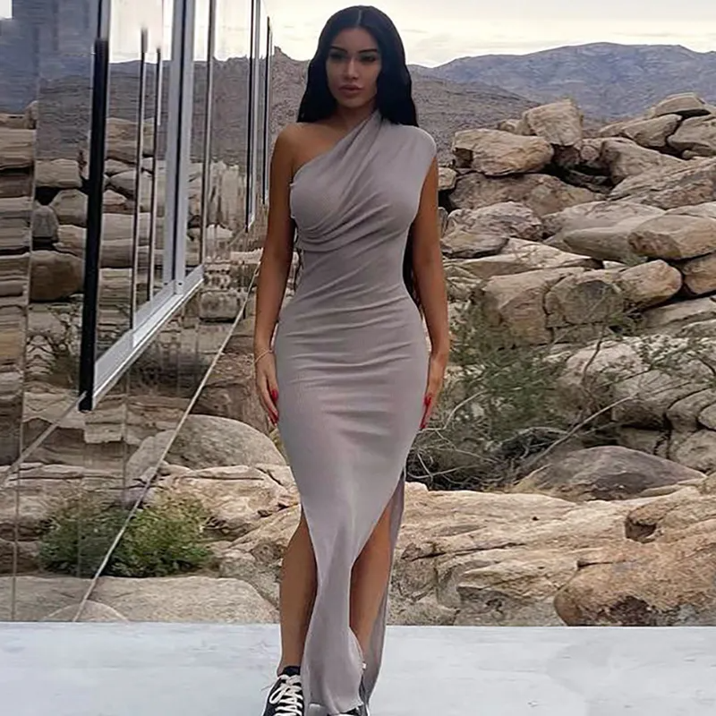 Women Edgy Basic Solid Color Elegant One Shoulder Sleeveless Side-Slit Maxi Dress