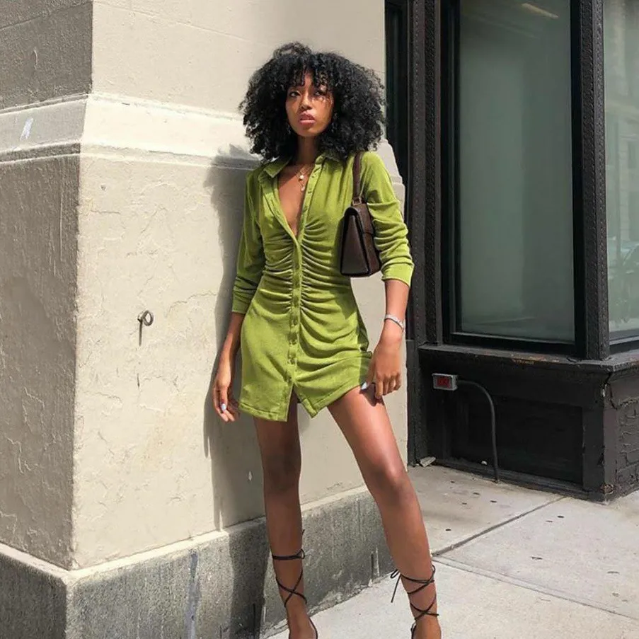 Women Fashion Solid Color Long Sleeve Ruched Turn-Down Collar Bodycon Dress