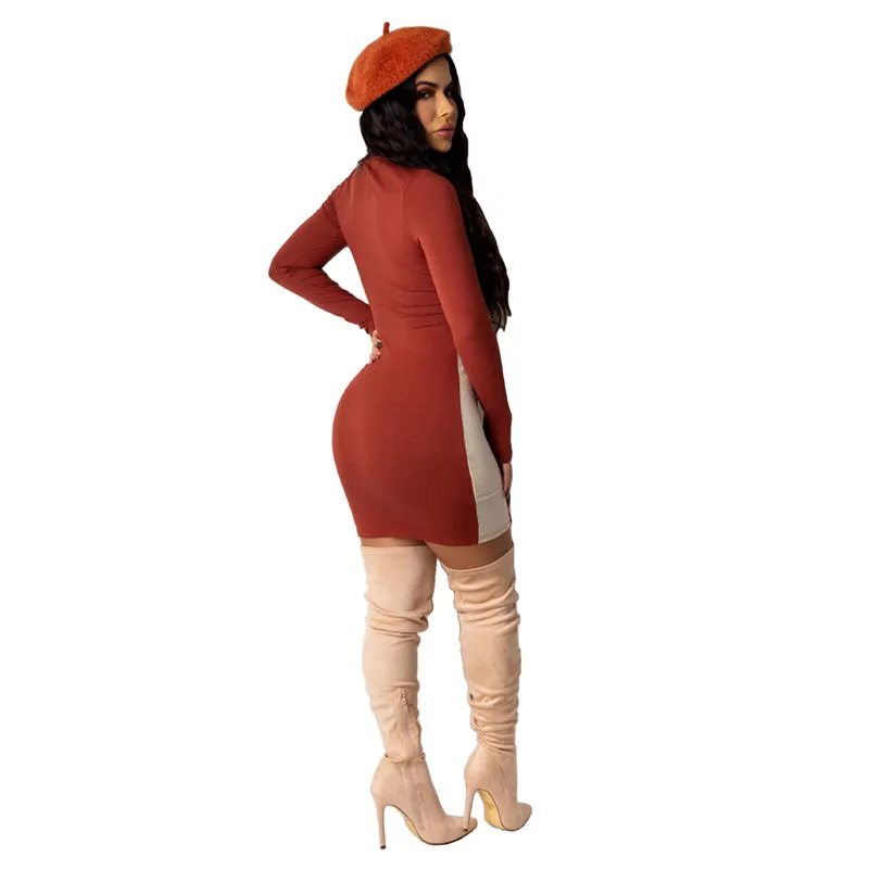 Women Fashion Round Neck Color Blocking Long Sleeve Dress