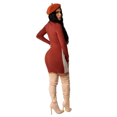Women Fashion Round Neck Color Blocking Long Sleeve Dress