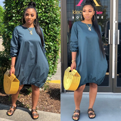 Round Neckline Long-Sleeve Pocket Design Loose Casual Dress