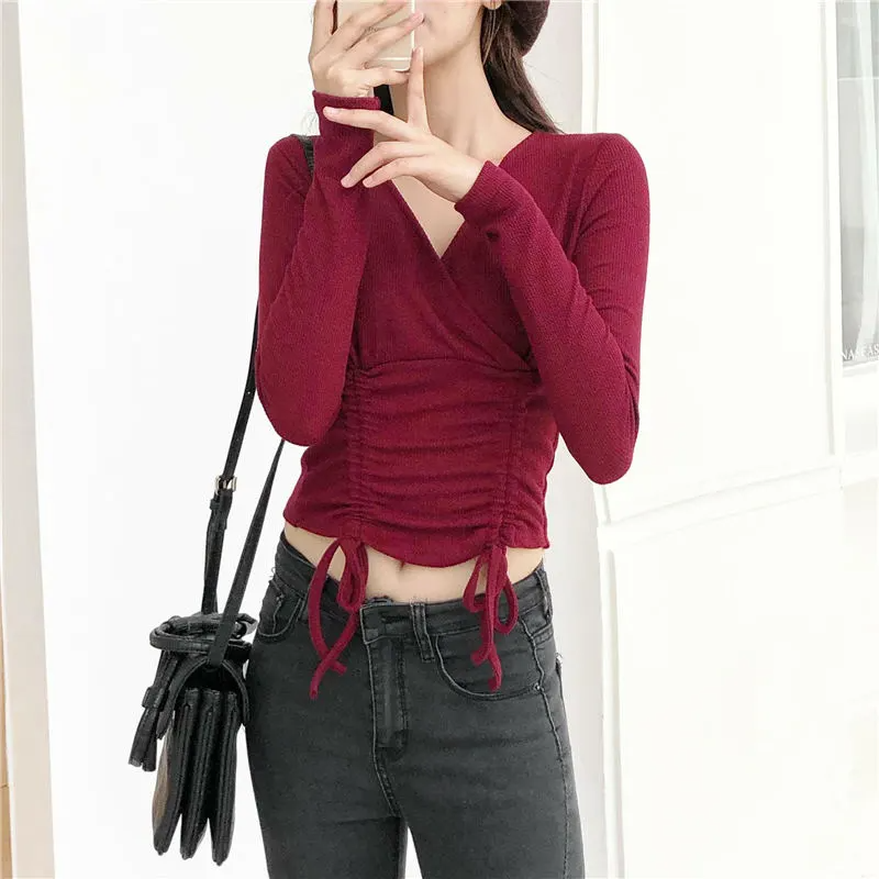 Women Fashion Solid Color V Neck Crease Top