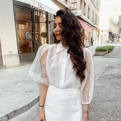 Women Fashion Dotted Mesh Lantern Sleeve Blouses