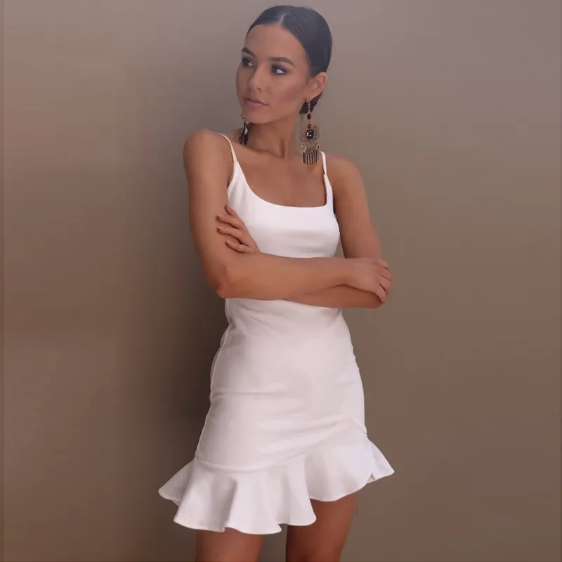 Solid Color Sleeveless Spaghetti Strap Bodycon Ruffle Dress