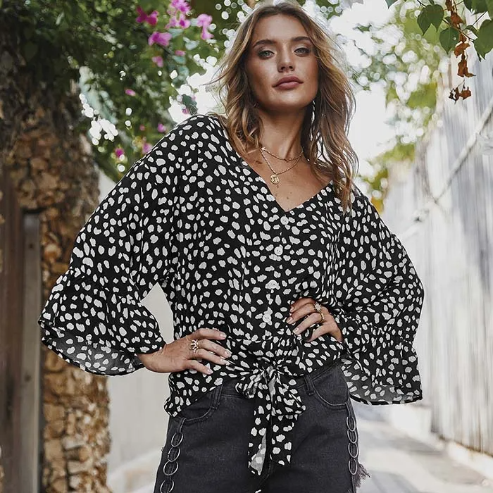 Women V Neck Lace-Up Dot Print Blouse