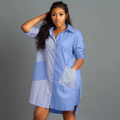Women Block Color Single-Breasted Casaul Loose Dress
